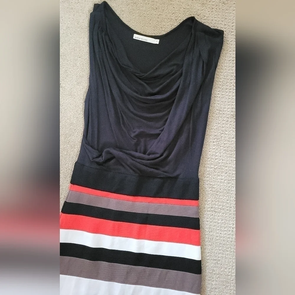 Karen Millen Multi Colored Striped Drape/ Cowl Neck Top Sheath Midi Dress - Picture 9 of 10